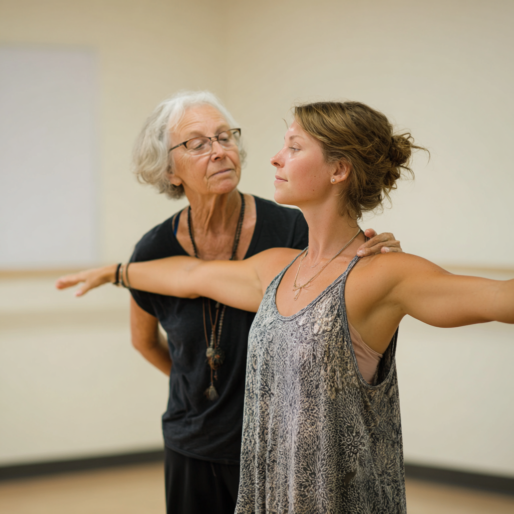 Experienced yoga instructor demonstrating gentle pose to older adult student