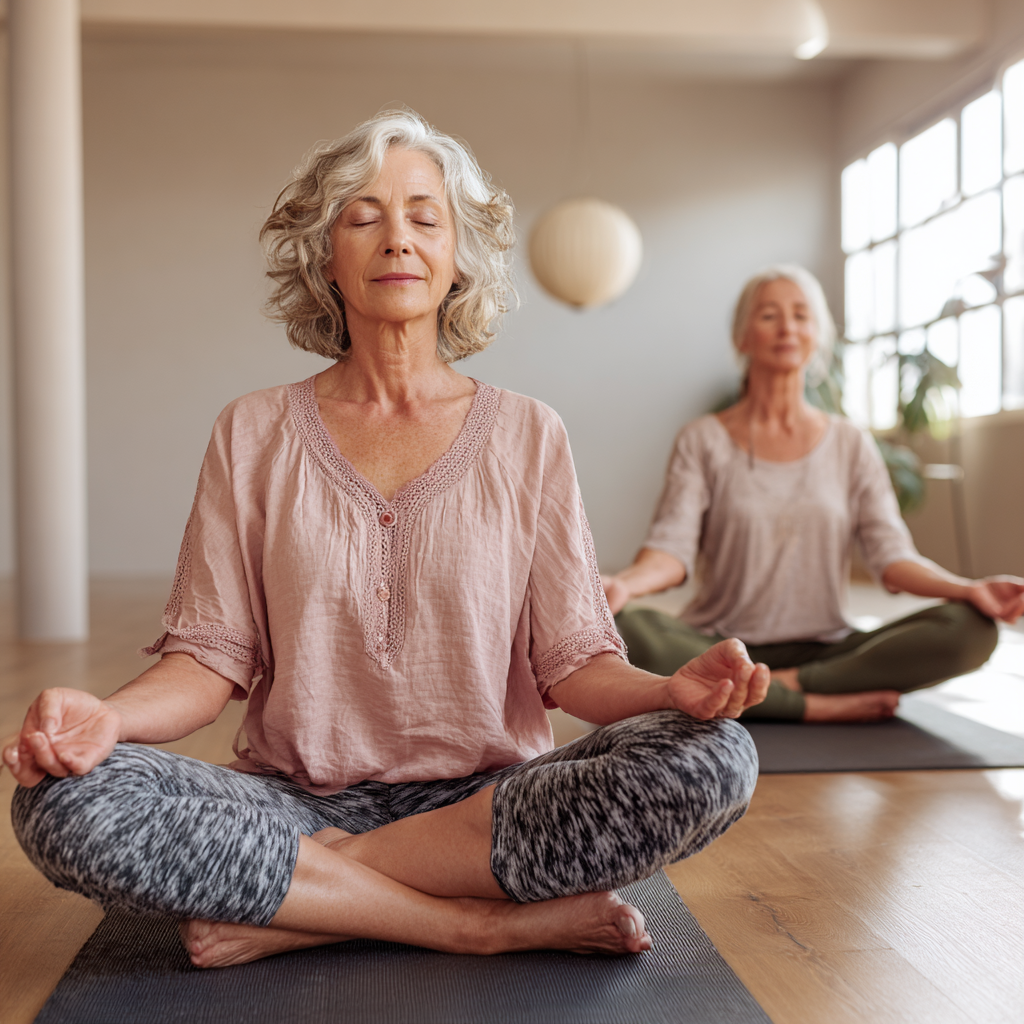Middle-aged women practicing gentle yoga poses together in peaceful studio